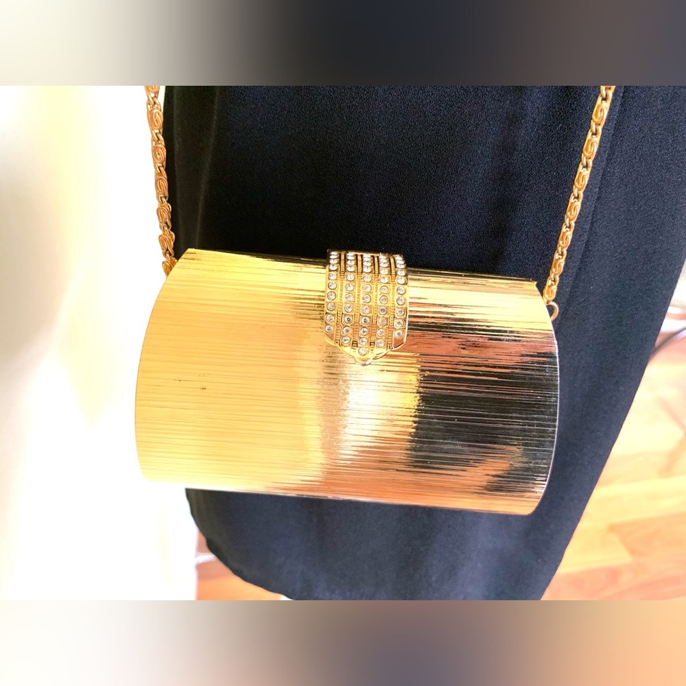Shiny gold tone metal small evening bag clutch shiny stones long chain strap